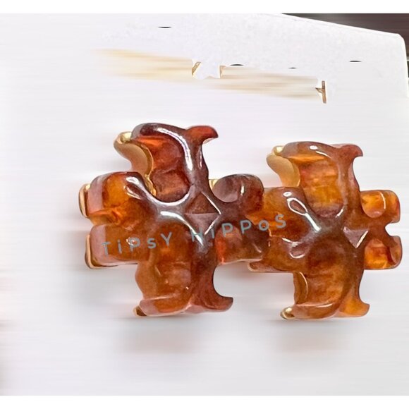 BEAUTIFUL TORY BURCH BROWN ENAMEL ROXANNE EARRINGS. - Picture 3 of 4